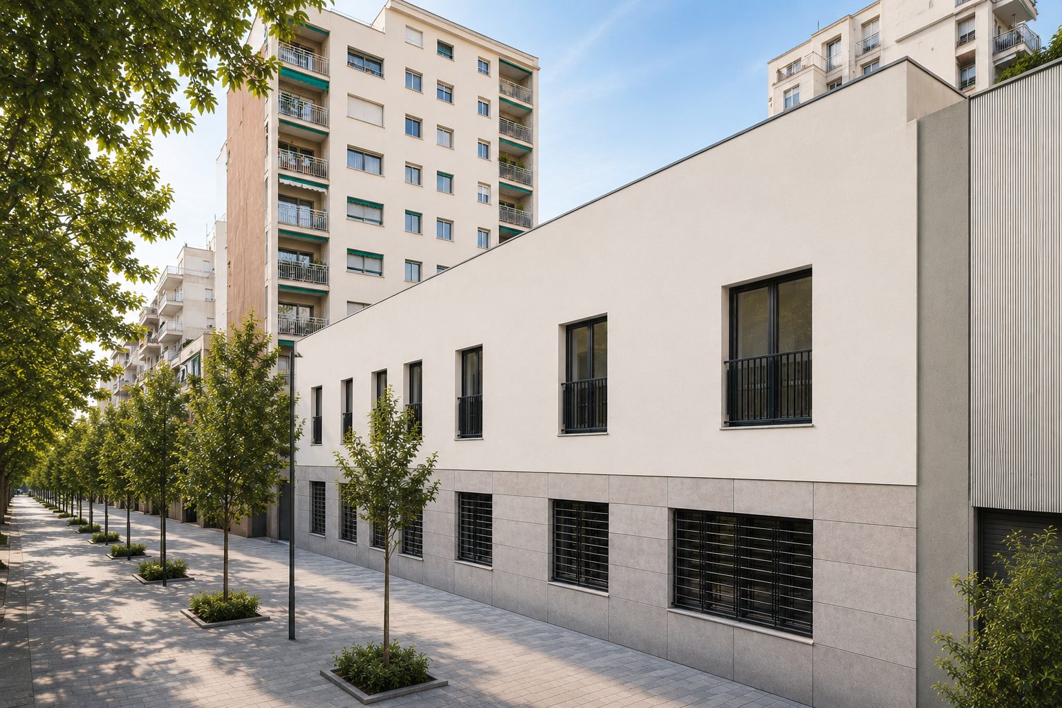Edifici residencial de façana blanca davant de blocs de pisos, el parc existent que afecta la directiva EPBD